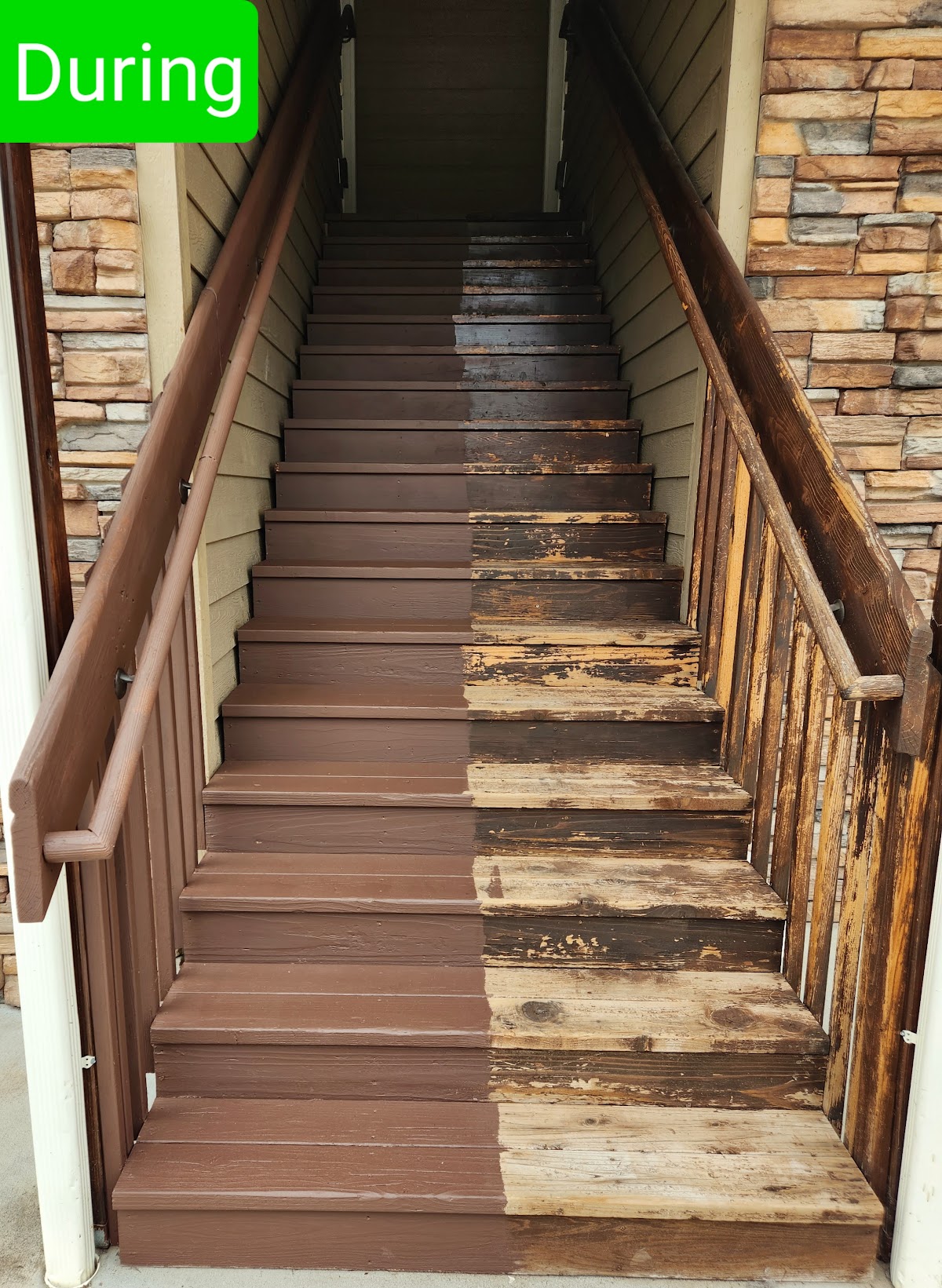 Exterior stairs part way through refinishing